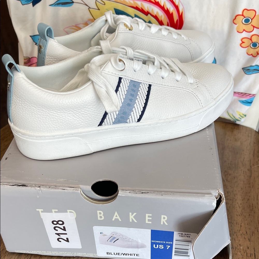 Ted Baker White Sneakers with Blue and Navy Stripes